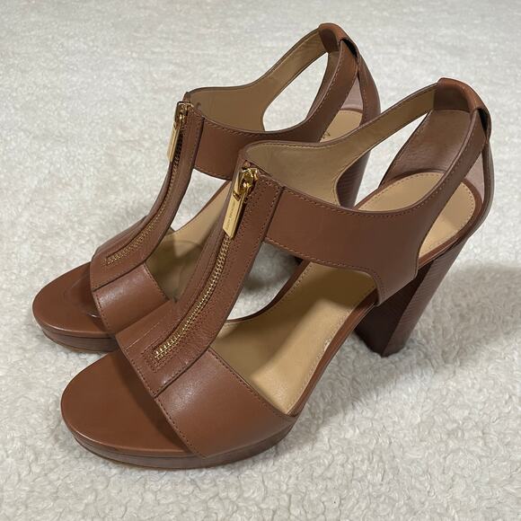 Michael Michael Kors Berkley T-Strap Sandals Heels Brown Leather Platform 10 - Picture 2 of 9